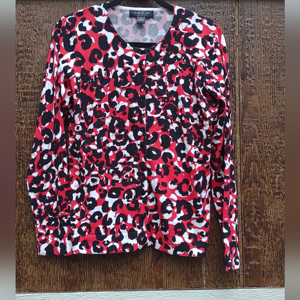 Vintage August Silk Sz M Cardigan Button up Sweater Red Black Swirl